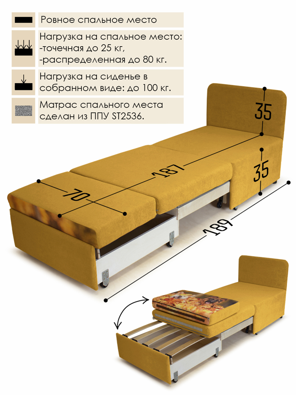 Кресло-кровать "Миник" 70 см, купон Собаки