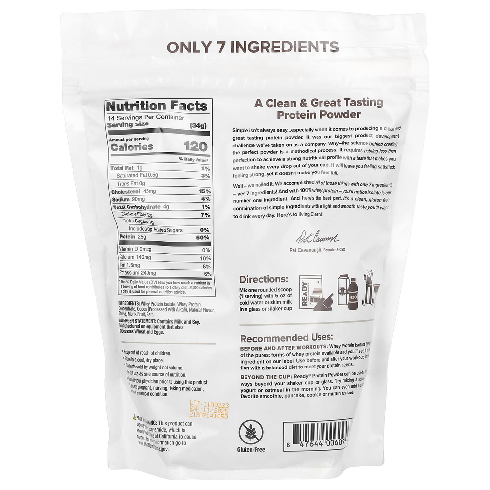 Ready, Порошок из 100% сывороточного протеина, шоколад, 476 г (1 фунт)