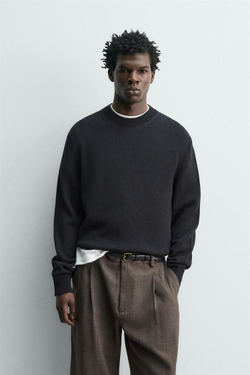 ZARA ХЛОПКОВЫЙ СВИТЕР КЛАССИЧЕСКОГО КРОЯ, МОРСКОЙ ТЕМНО-СИНИЙ