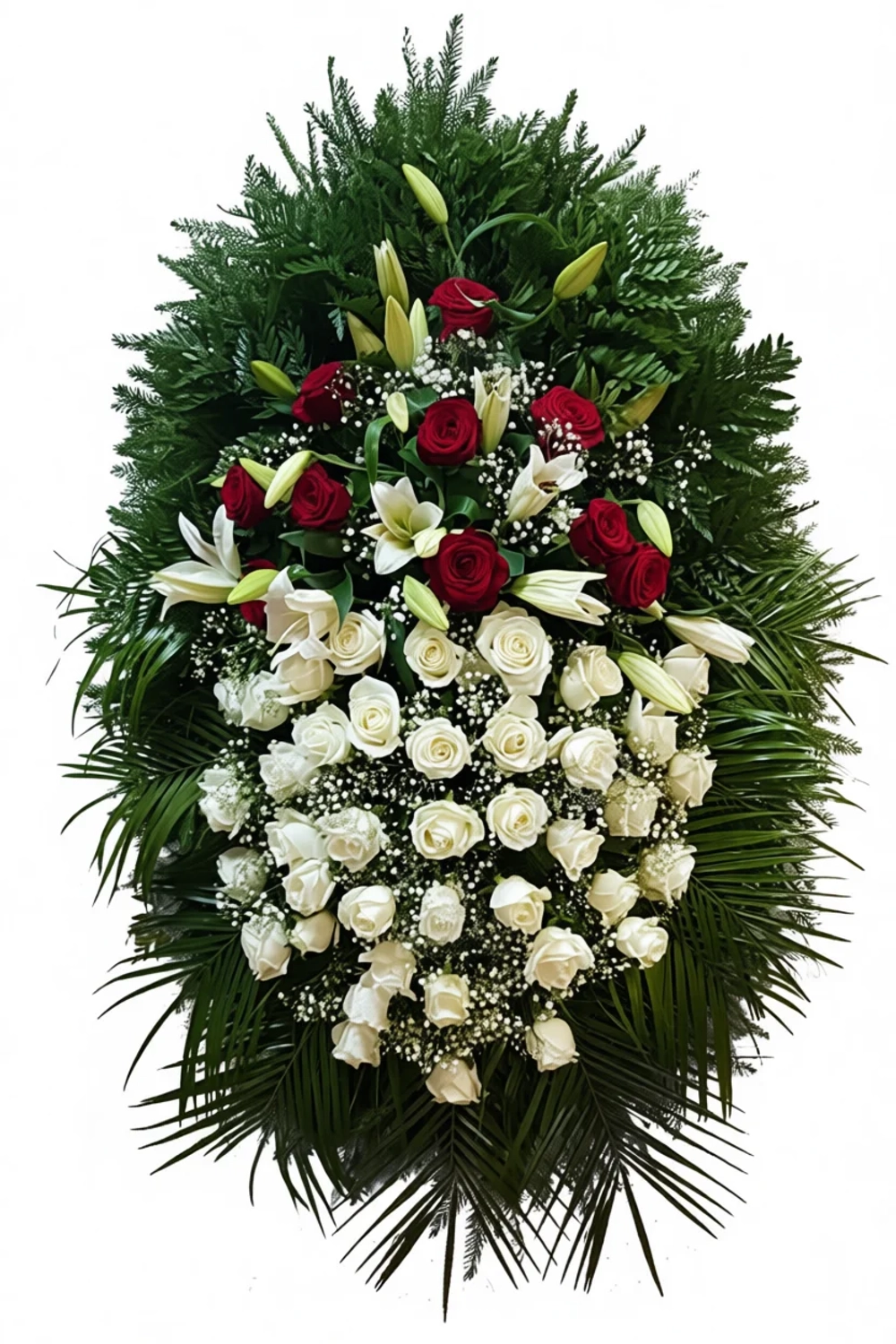 Траурный венок из живых белых и бордовых роз, белых лилий и натуральной хвои, размер 150 см