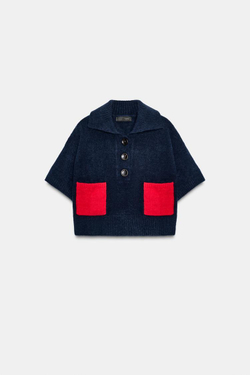 ZARA ДЖЕМПЕР ИЗ ТРИКОТАЖА С КОРОТКИМИ РУКАВАМИ, МОРСКОЙ СИНИЙ