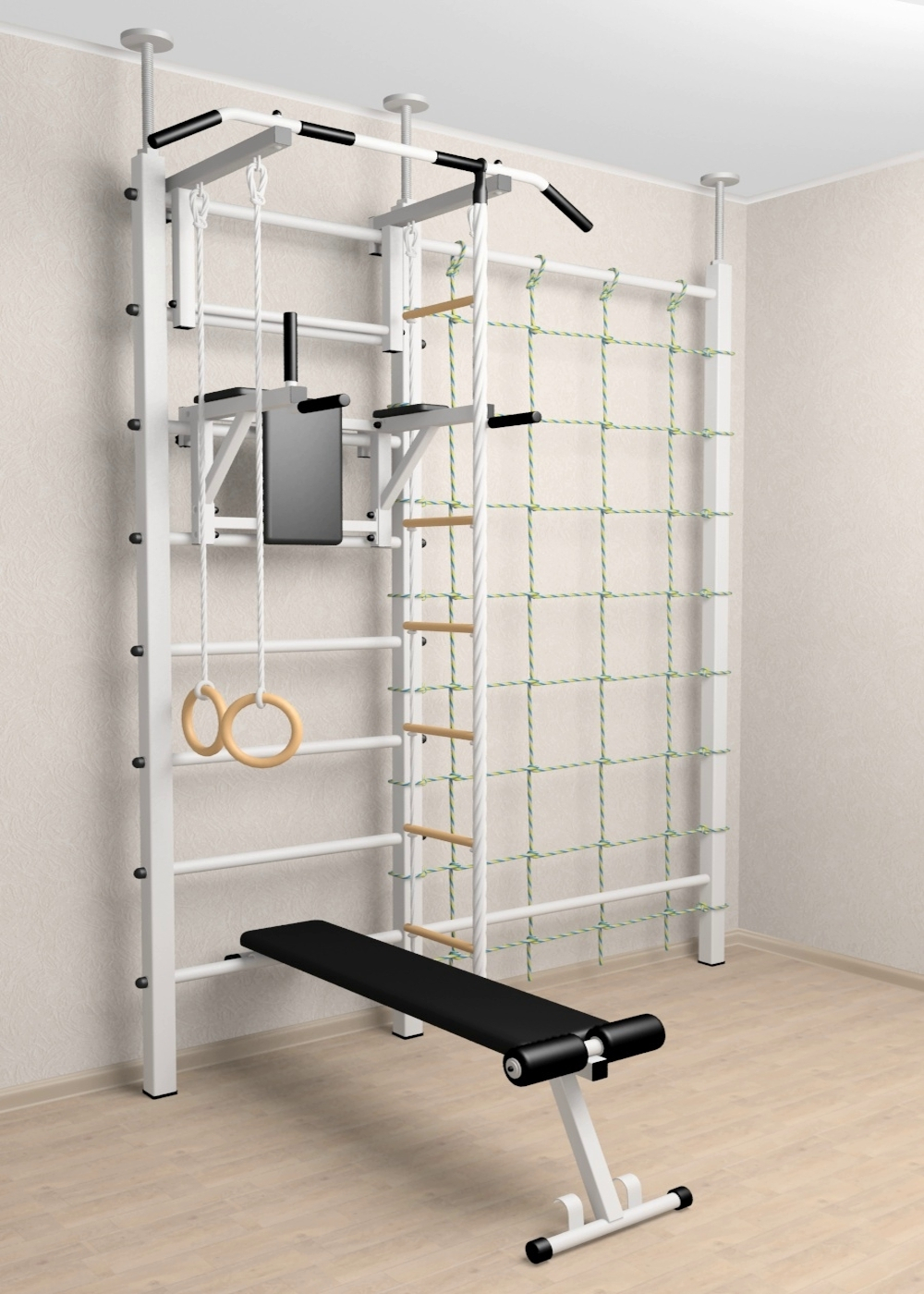 Шведская стенка Sv Sport враспор (Турник стандарт/Брусья/Скамья/Канат/Kольца/Лестница/Канатный лаз/Сетка)