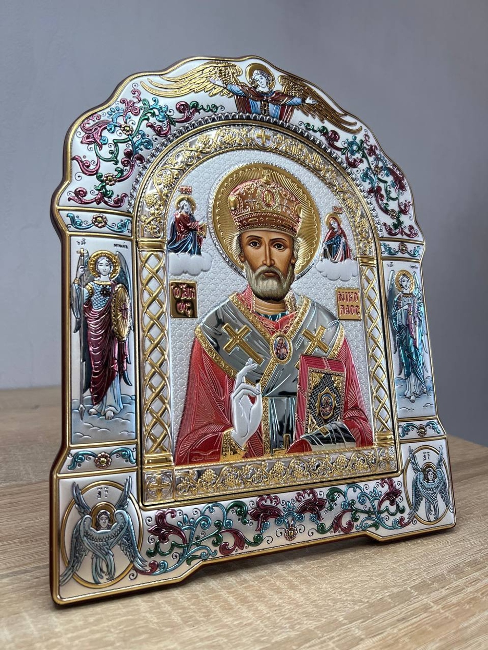 Николай Чудотворец, икона арочная с рамкой, белое дерево, эмаль 167х228