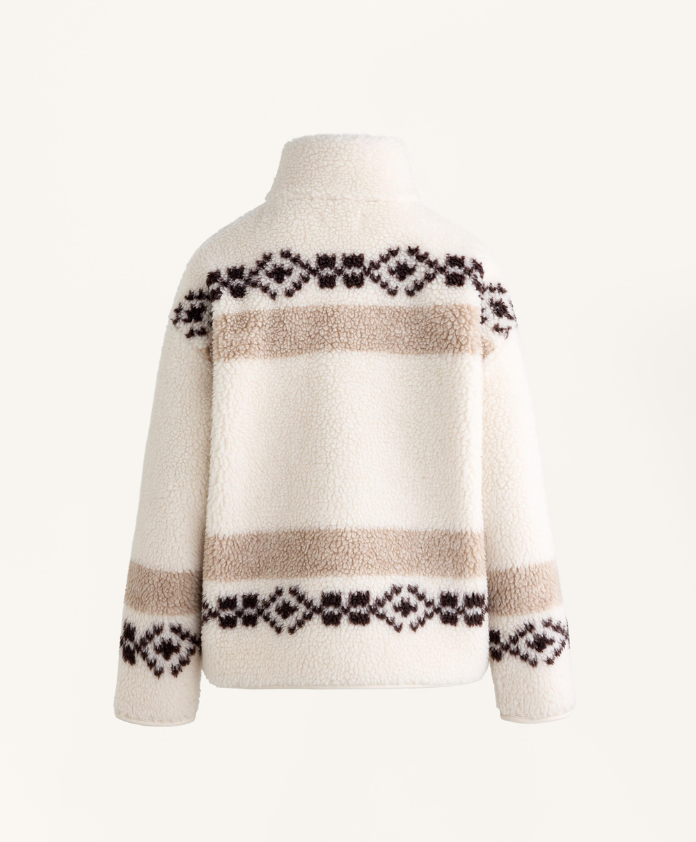 Oysho Куртка из искусственной овчины с оленями и высоким воротником, экрю