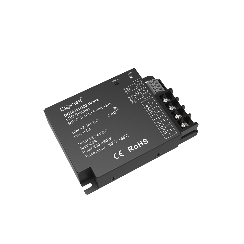 Контроллер RF,  напряжение питания 12-24V,  1 канал на 20А,  выходная мощность 1×(240-480)W,  управление Push-Dim или 0/1-10V