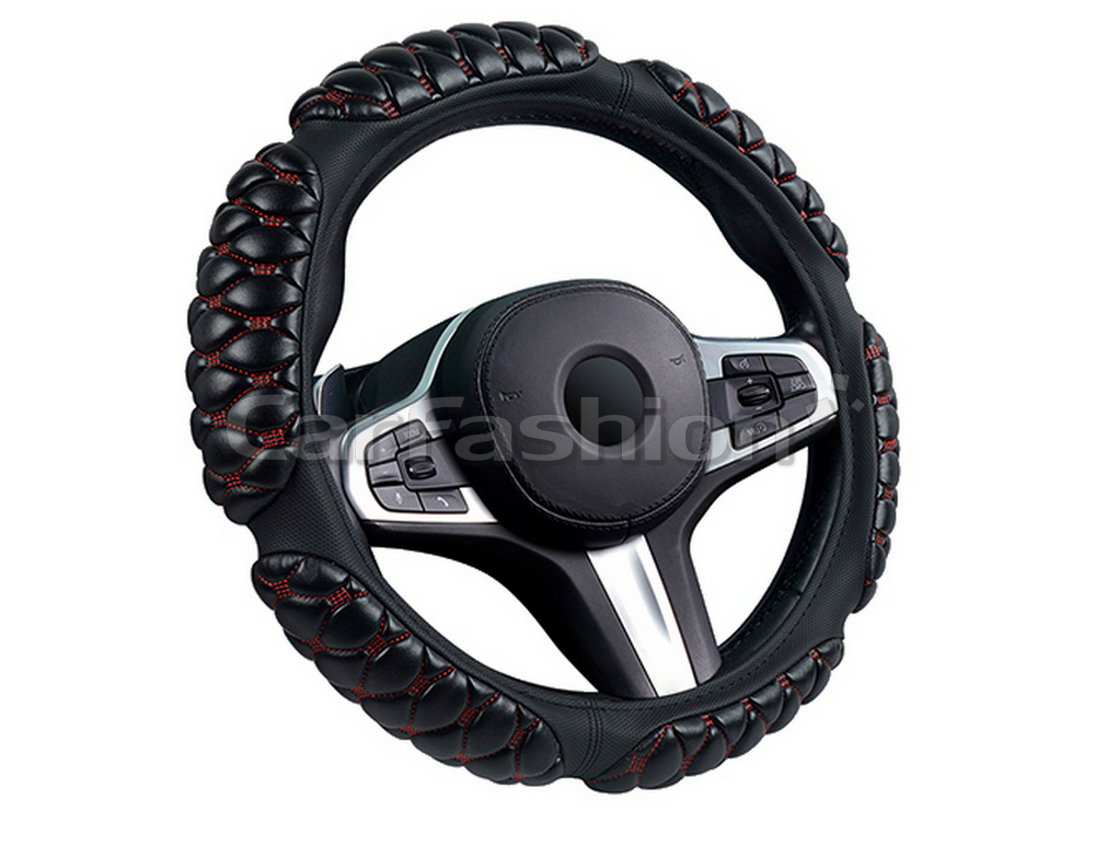 Оплетка на руль круглая CarFashion -L- «BLACKBERRY» 31661 - Экокожа - черный/шов красный