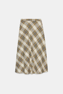 ZARA АСИММЕТРИЧНАЯ ЮБКА МИДИ В КЛЕТКУ, ЭКРЮ/ЧЕРНЫЙ