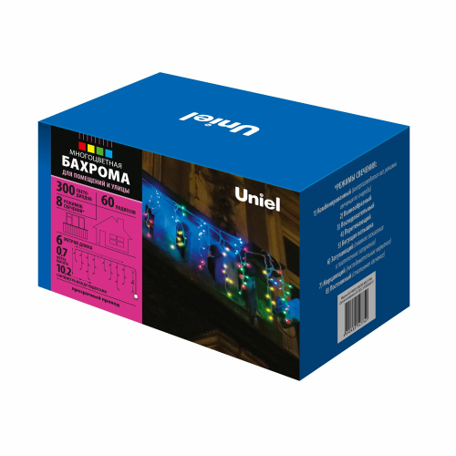 ULD-B6007-300/DTA MULTI IP44 Бахрома светодиодная, 6м. 300 светодиодов. Разноцветный свет. Провод прозрачный. ТМ Uniel