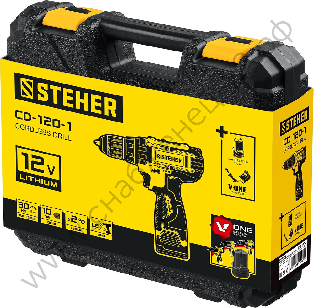 STEHER 12 В, 30 Н·м, 2 АКБ (2 А·ч), дрель-шуруповерт, кейс (CD-120-2)