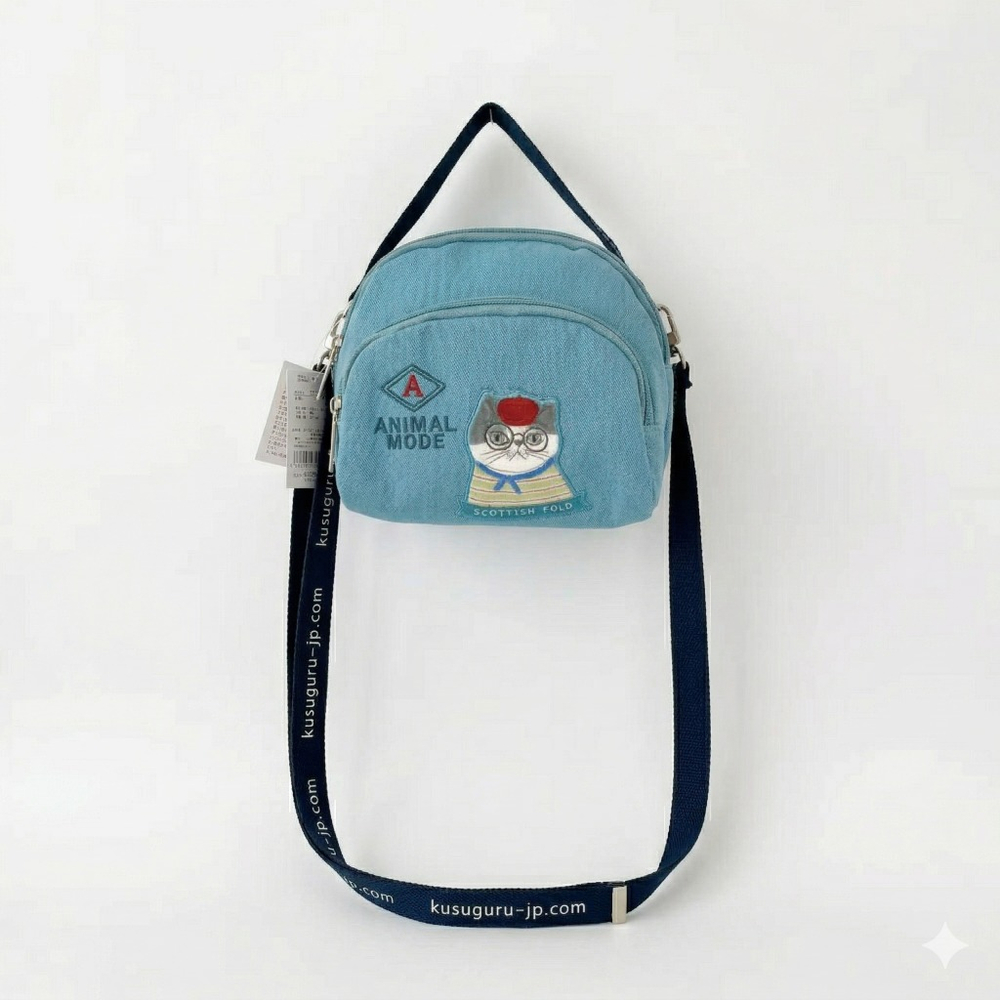 Мини-сумка пошет (pochette) с кошкой Корицей, с ремнем, ANIMAL MODE, синий, 26-9403-2, KUSUGURU