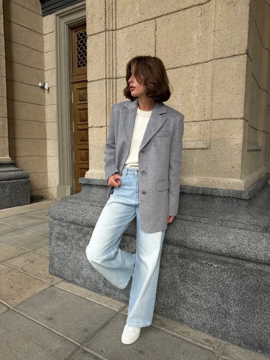 Пальто из смесовой шерсти укороченное в серую елочку