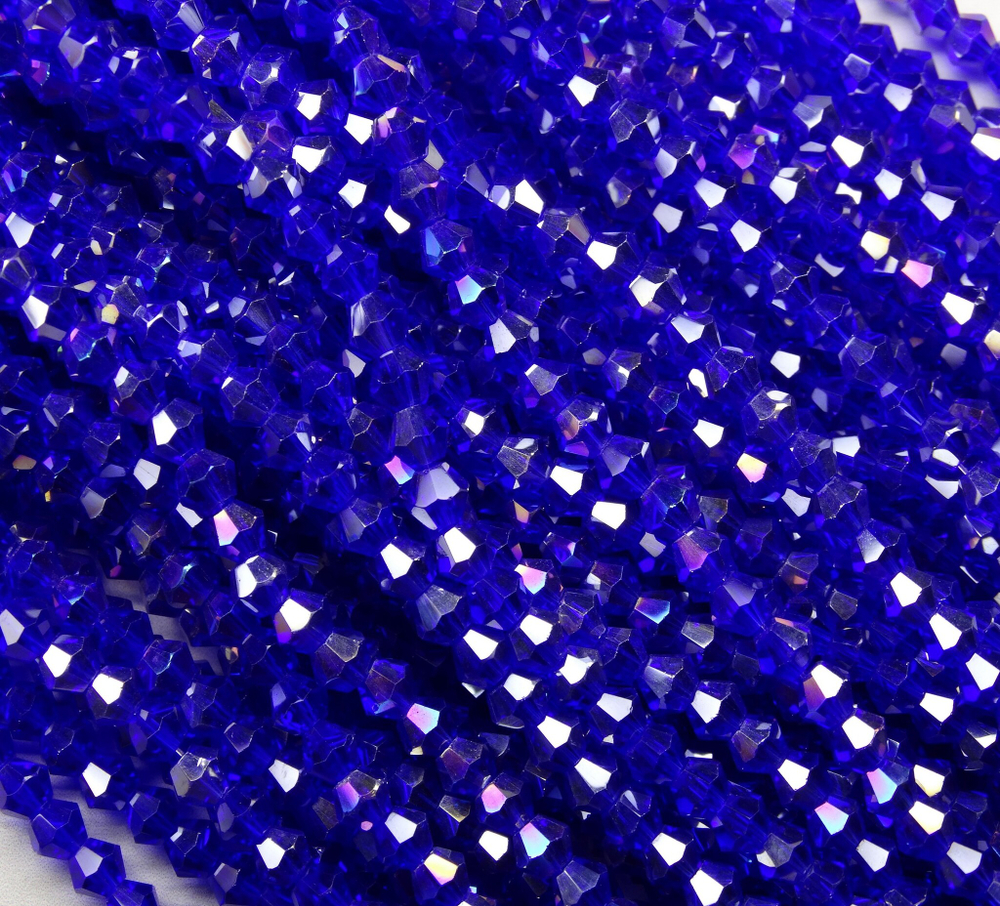ББ019ДС4 Хрустальные бусины "биконус", цвет: синий AB прозр., размер 4 мм, кол-во: 95-100 шт.