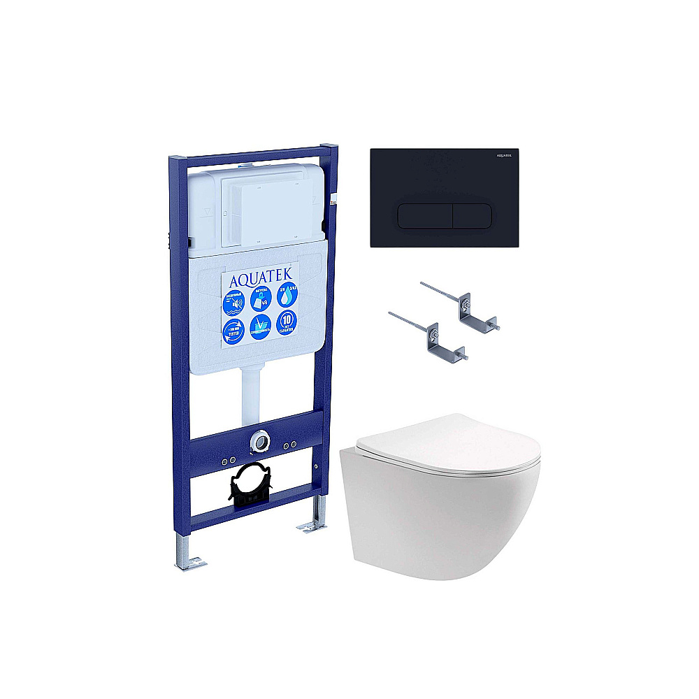 Унитаз подвесной с инсталляцией Aquatek Европа SET AQUATEK ЕВРОПА-017 4в1 белый/кнопка черная матовая, безободковый, с крышкой микролифт