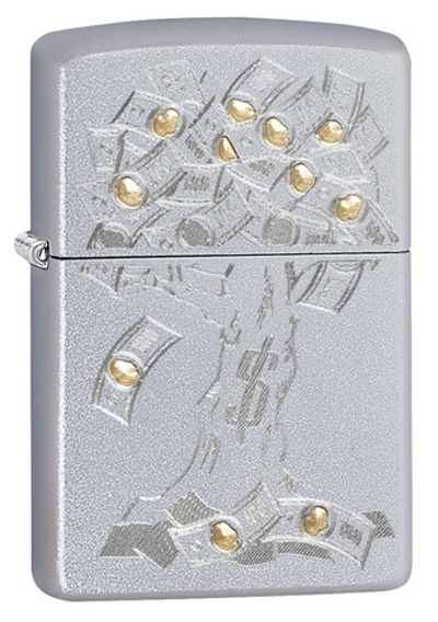 Зажигалка Zippo Money Tree Design с покрытием Satin Chrome, латунь/сталь, серебристая, 36x12x56 мм