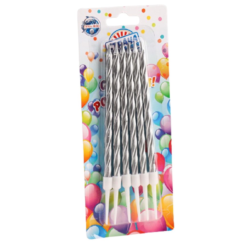 Свечи в торт "Металлик" , 14см, 6шт с подставкой, серебристые