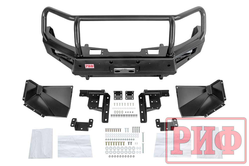 Бампер силовой передний Mitsubishi Pajero Sport 2015-2020 с доп. фарами (арт. B0205), защитной дугой, защитой бачка омывателя, под парктроник РИФ