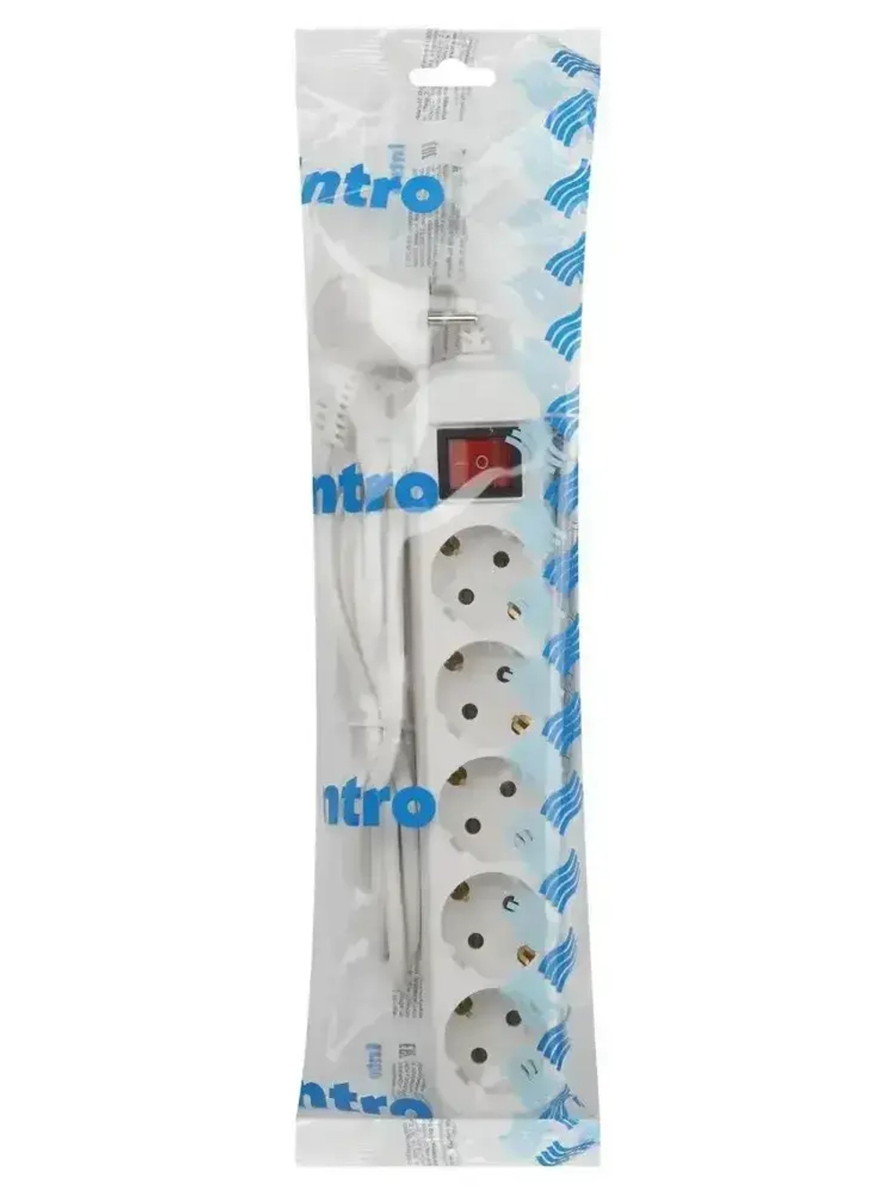 Удлинитель Intro UES530-W сетевой электрический бытовой с заземлением с выключателем 5 розеток, 3 м, ПВС 3х0,75 мм2, 10А, белый