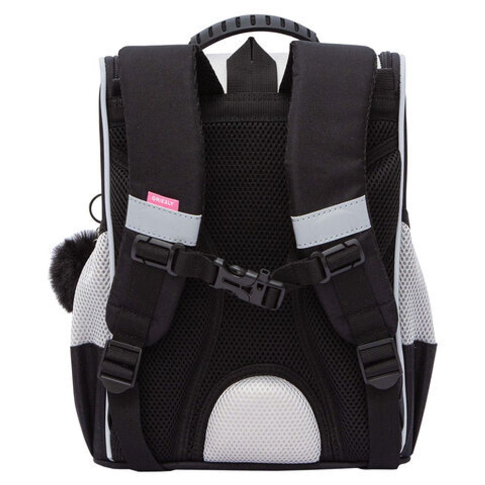 Ранец GRIZZLY анатомическая спинка, с мешком для обуви, для девочек, "BLACKY", серый, 33х25х13 см, RAm-584-1/2