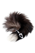 Серебристая металлическая анальная втулка с хвостом чернобурой лисы - размер S (Цвет: серебристый)