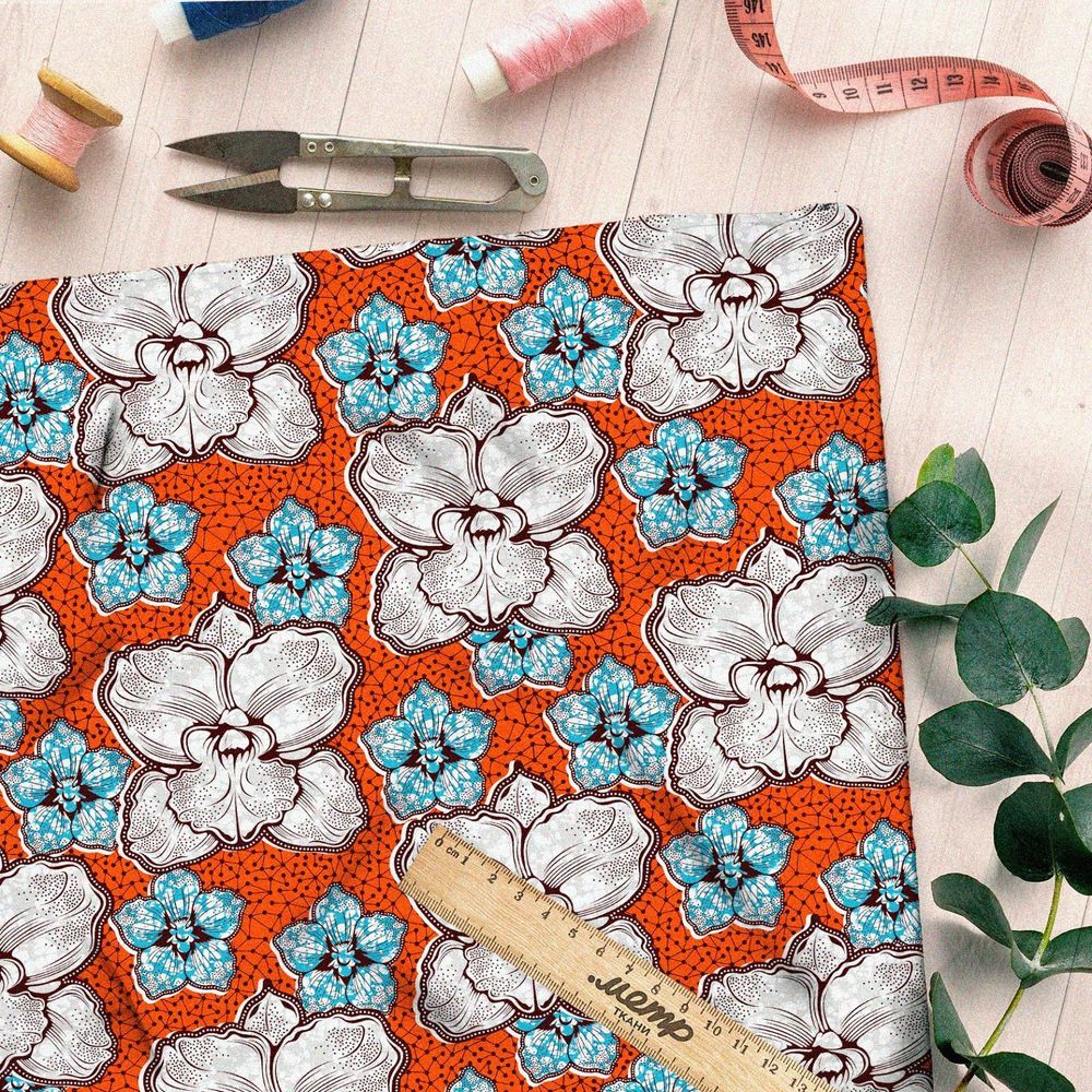 Ткань дюспо белые цветы с голубыми