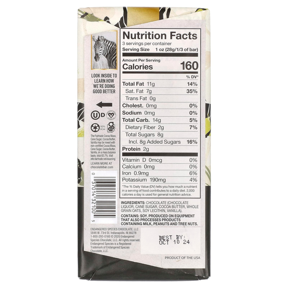 Endangered Species Chocolate, Овсяное молоко + темный шоколад, 55% какао, 85 г (3 унции)