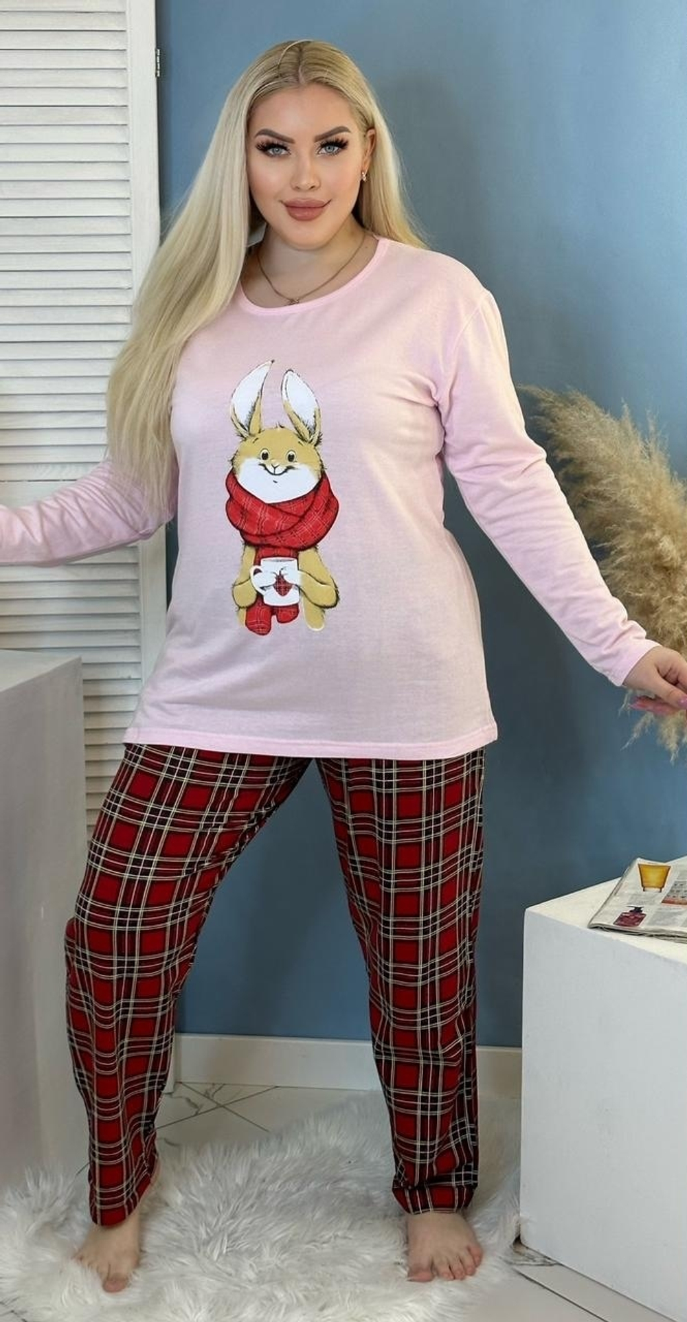 Пижама женская штаны+футб д/р (флан) ПВ0008-1 велик