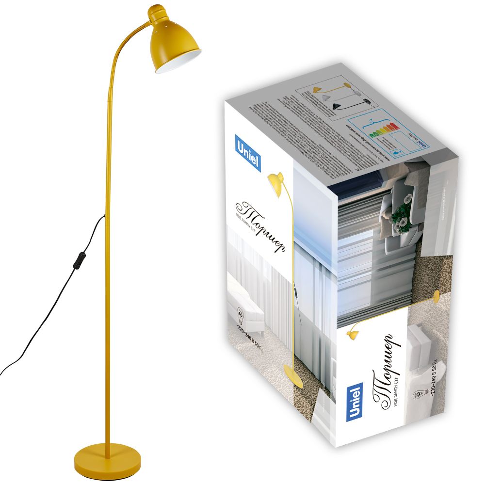 UML-T701 E27 YELLOW Торшер напольный под лампу Е27. 60W. с регулировкой наклона. Механический выключатель. Желтый. ТМ Uniel