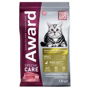 Сухой корм AWARD Special Care Sensitive Digestion для кошек с чувствительным пищеварением, со свежим мясом утки, 1,5кг