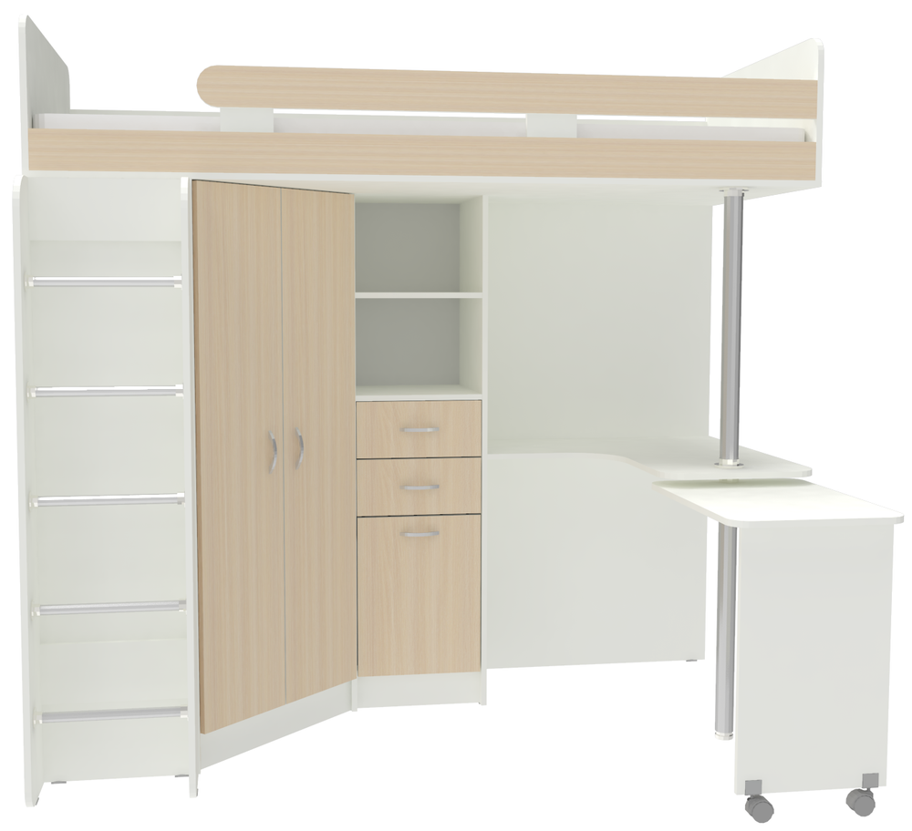 Кровать-чердак КарИВи Юниор 3 с металлической лестницей Белый   Дуб Молочный