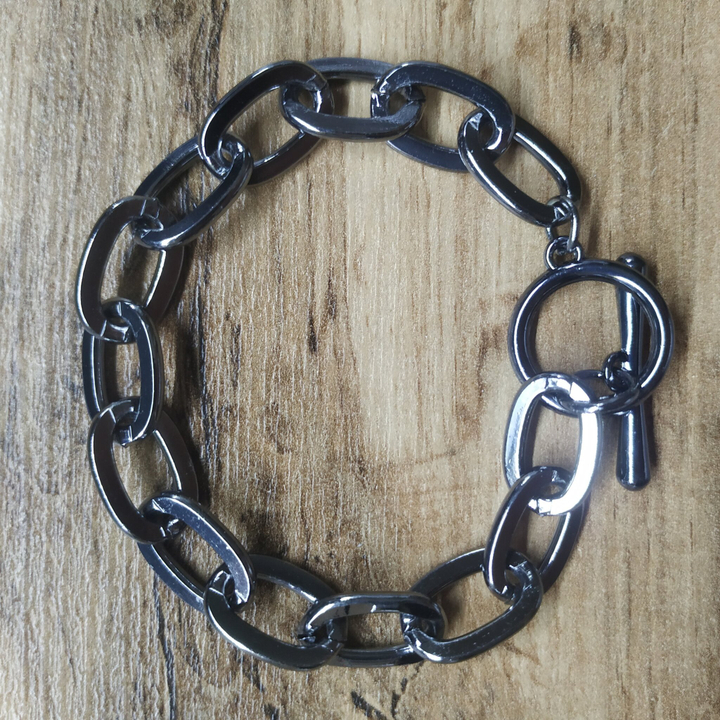 Браслет-тоггл "Цепи" плетение якорное овал плоский 16 мм металл графитовый