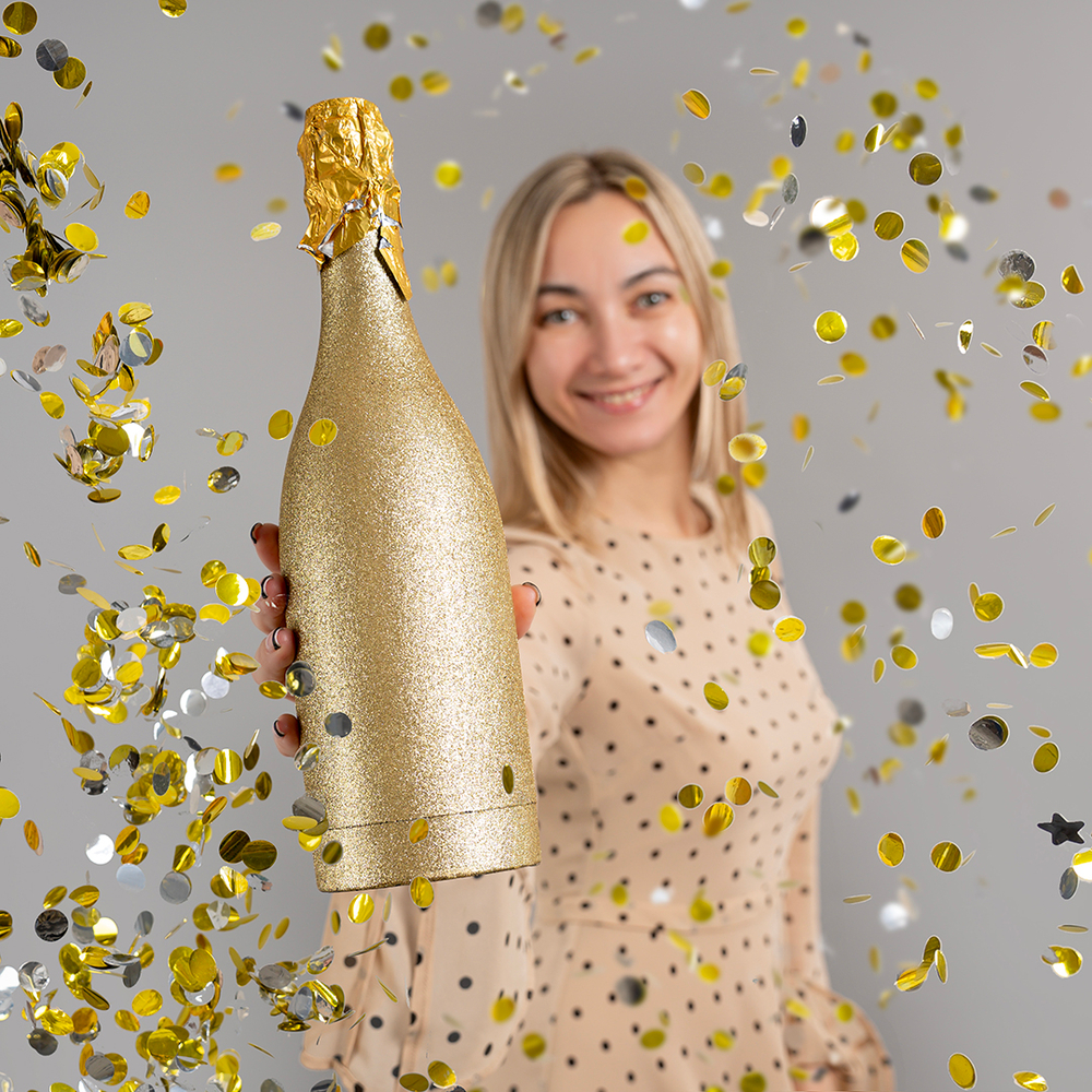 Пневмохлопушка (12/30 см), Бутылка Шампанское, Круги фольга, Золото/Серебро, Металлик