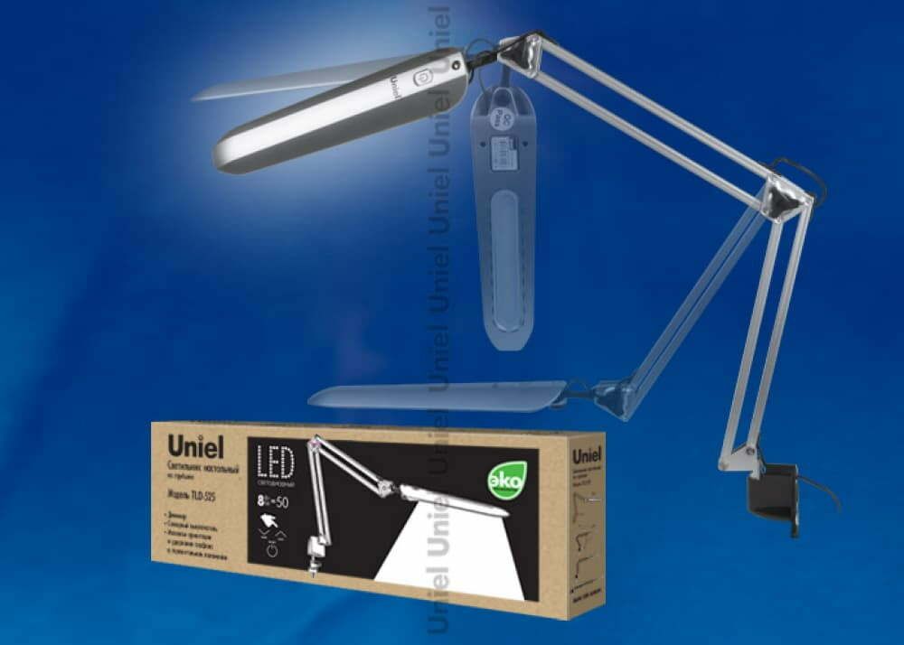 TLD-524 Silver/8W/Светильник настольный на струбцине/LED/500Lm/4500K/Dimmer/Цвет-серебристый