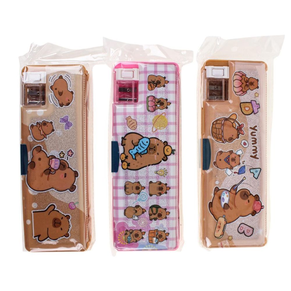 Пенал пластиковый "Капибара. С рыбой" с блестками, 2 отв., с точилкой