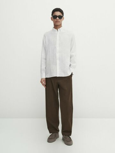 Massimo Dutti Рубашка классического кроя из 100% льна,  белый