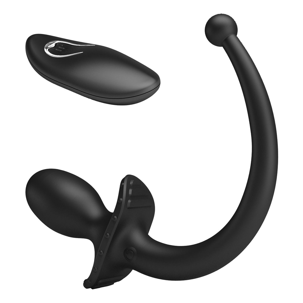 Черная анальная вибропробка с хвостом и пультом ДУ (Цвет: черный)