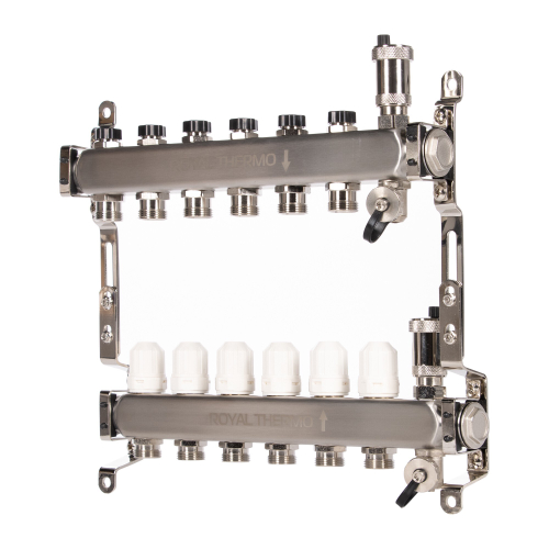 Коллектор Royal Thermo нерж. в сборе универсальный 1quot; ВР-3/4quot; НР с автомат. воздухоотвод-ми 6 вых.