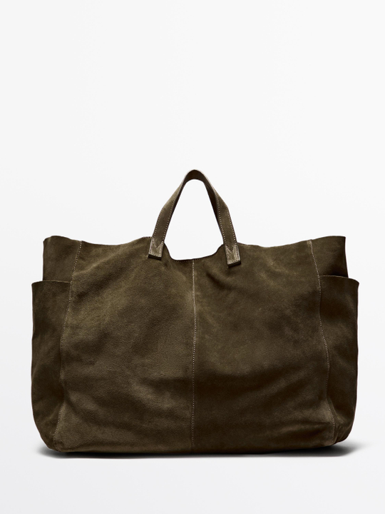 Massimo Dutti Большая сумка-шопер из замши и кожи, зеленый