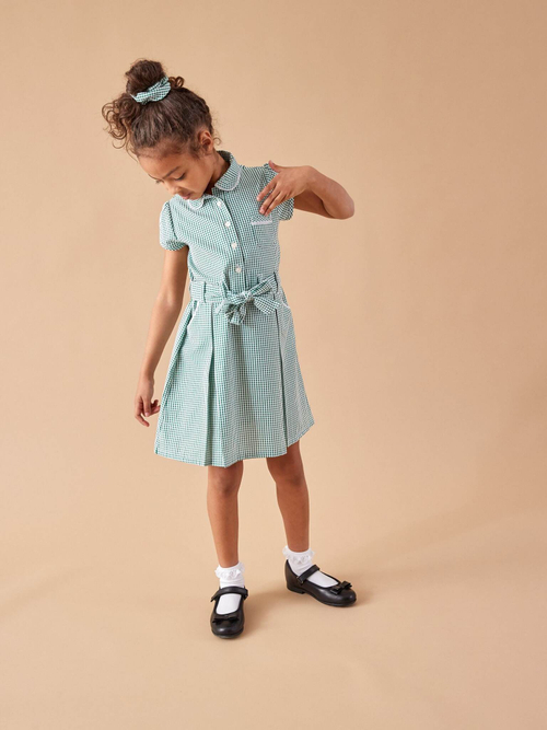 Платье школьное с поясом и резинка для волос в комплекте для девочки Next T40-875, Зеленый, Белый