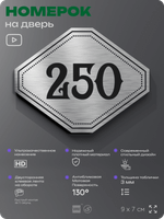 Номерок на дверь квартиры 250, для кабинета, офиса, шильдик 9 х 7 см, серебристый, Айдентика Технолоджи
