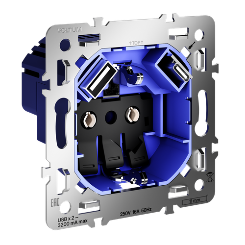 Механизм розетки с заземлением и защитными шторками 16А, с USB A+C, S70