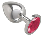 Серебристая большая анальная пробка с малиновым кристаллом - 9,5 см.