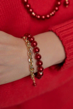 Браслет Твин 2 ряда красного жемчуга и цепь ролло, оттенок золото