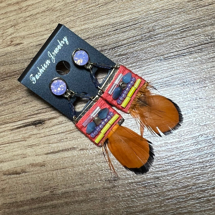 Серьги-гвоздики Этно кристалл розовый бисер перо пластина квадрат металл золотистый