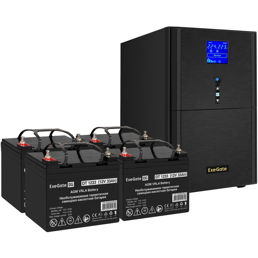 ИБП + батарея ExeGate SineTower SZ-3000.LCD.AVR.3SH.1C13.RJ.USB + 4x DT 1233 (33Ач)
