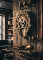 Часы-метеостанция WOODandROOT Automaton 1722 в интерьере стимпанк — открытый механизм, латунные детали и барометр внизу корпуса