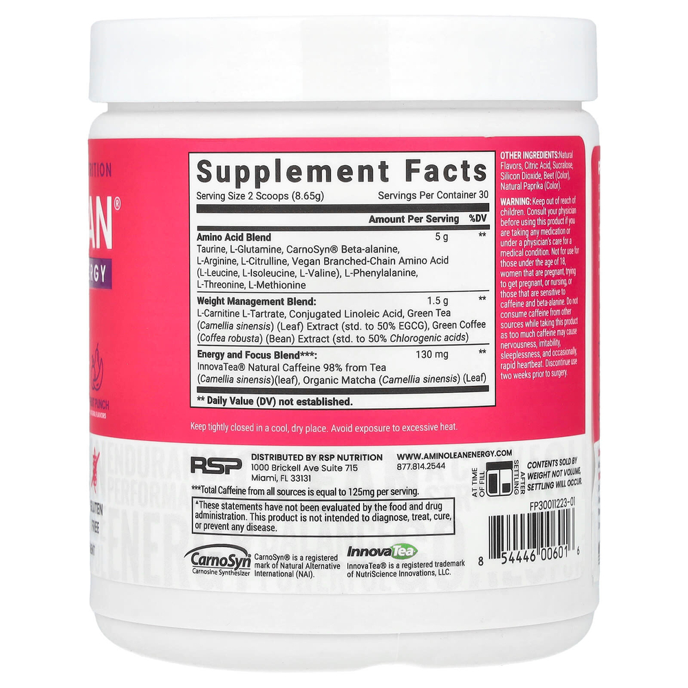 RSP Nutrition, AminoLean, смесь для приготовления энергетических напитков, фруктовый пунш, 270 г (9,52 унции)