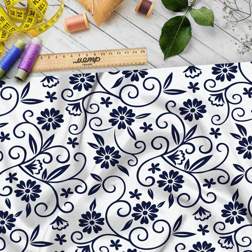 Ткань муслин роспись синими цветами на бежевом фоне