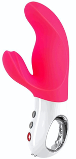 Ярко-розовый вибратор с клиторальным отростком MiSS Bi - 17 см. (Цвет: ярко-розовый)