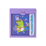 Блокнот в футляре 17,5 см * 19,5 см , гребень, Alingar, ламинация, ручка, замочек, 45 л., клетка, "Веселый дино", сиреневый