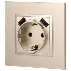 14-4109-04 ЭРА Розетка 2P+E 16A-250В, штор. с 2xUSB 5В-3А, Эра Elegance, шампань | Elegance Шампань